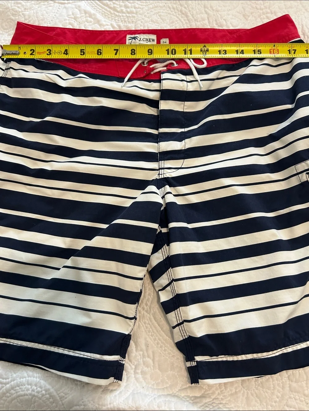 J. Crew Navy and White Striped Swim Trunks with Red Waistband Size 34